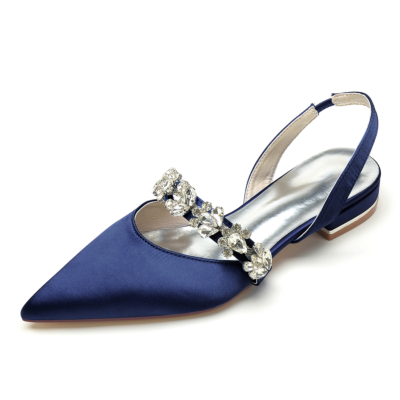 Zapatos planos con pedrería de satén azul marino con punta estrecha y talón abierto