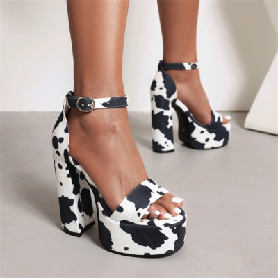 Sandalias de plataforma de tacón en bloque con estampado de vaca en blanco y negro Zapatos de plataforma gruesos con correa en el tobillo