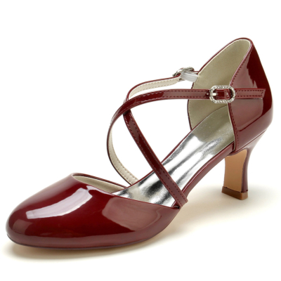 Borgoña Criss Cross Mary Jane D'orsay Vestidos Zapatos con tacones bajos de bloque
