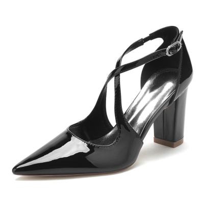 Zapatos de salón D'orsay vintage con puntera puntiaguda y correa cruzada negra con tacones gruesos
