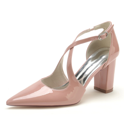 Zapatos de salón D'orsay vintage con punta en punta y correa cruzada rosa con tacones gruesos