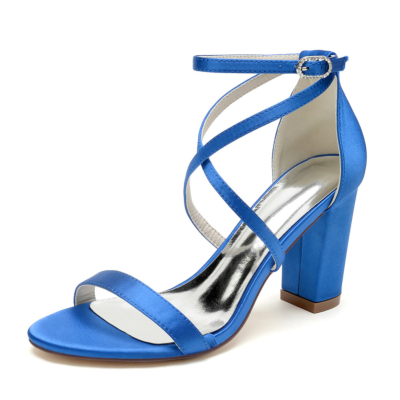 Sandalias de satén con tiras cruzadas en azul real Zapatos de sandalias de boda con tacones gruesos