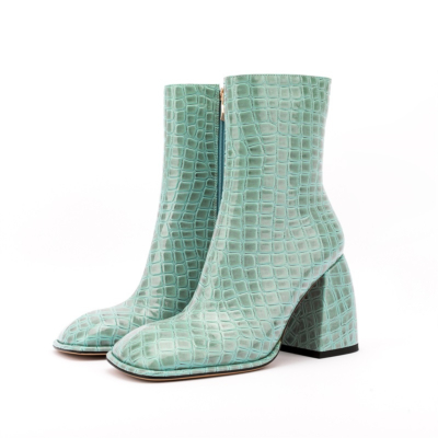 2022 Animal Print Block Heel Boots Botines de punta cuadrada con cremallera lateral