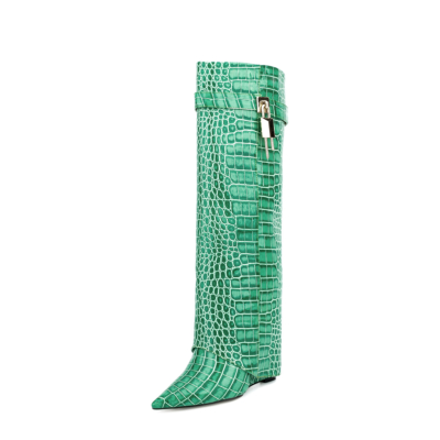 Botas altas hasta la rodilla plegables con tacón de cuña y punta estrecha de cuero vegano con estampado de cocodrilo verde