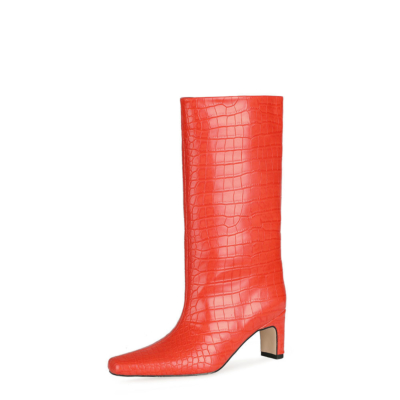 Botas altas hasta la rodilla con tacón bajo y punta cuadrada con estampado de cocodrilo de otoño rojo para mujer