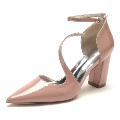 Zapatos de salón D'orsay sólidos con tiras cruzadas en el tobillo y tacón grueso en color rosa