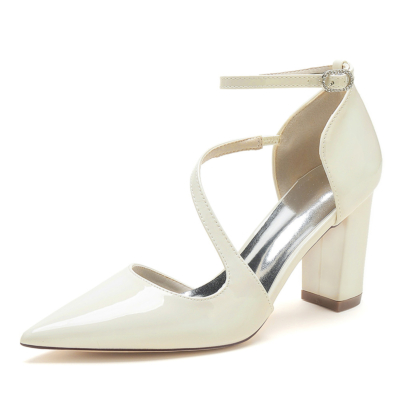 Zapatos de salón D'orsay sólidos con correa cruzada en el tobillo y tacón grueso en color beige