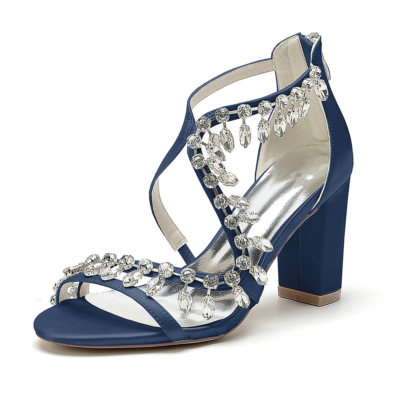 Sandalias con tiras cruzadas de cristal azul marino Tacones en bloque Sandalias de novia con cremallera y punta abierta