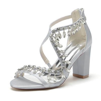 Sandalias de tiras cruzadas con cristales plateados, tacones de bloque, sandalias de novia con cremallera y punta abierta