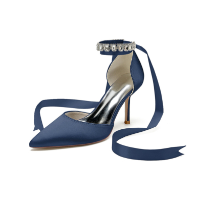 Zapatos de tacón de aguja con adorno de cristal azul marino para boda