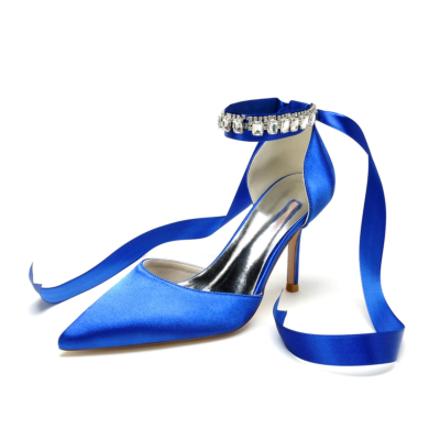 Zapatos de tacón de aguja con adorno de cristal azul real para boda