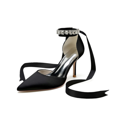 Zapatos de tacón de aguja con adorno de cristal negro para boda