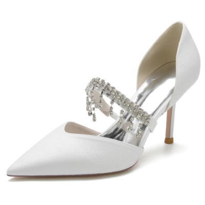 Zapatos de tacón de aguja D'orsay con correa adornada con cristales blancos, tacones de aguja brillantes para boda