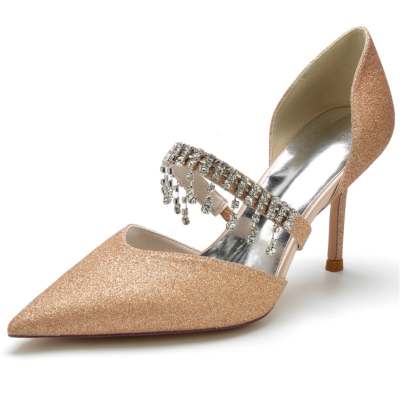 Zapatos de tacón D'orsay con tiras adornadas con cristales de champán, tacones de aguja con purpurina para boda
