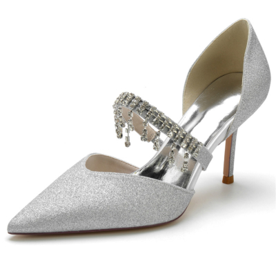 Zapatos de tacón de aguja con correa adornada con cristales plateados, zapatos de tacón de aguja con purpurina para boda