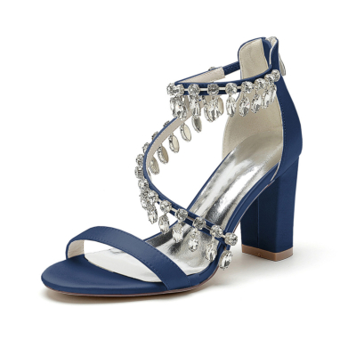 Sandalias de tacón en bloque con tiras cruzadas adornadas con cristales azul marino Zapatos de baile de satén