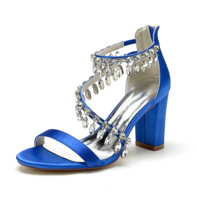 Sandalias de tacón en bloque con tiras cruzadas y adornos de cristal azul real Zapatos de baile de satén