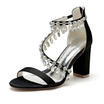 Sandalias de tacón en bloque con tiras cruzadas adornadas con cristales negros Zapatos de baile de satén