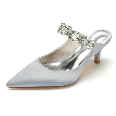 Zapatos de mula con correa de cristal gris, zapatos de satén para vestido de novia, tacones bajos