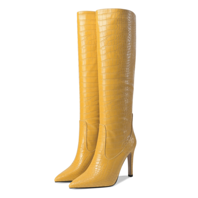 Botas de baile amarillas Botas altas hasta la rodilla con efecto cocodrilo