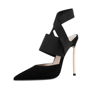 Sandalias de tacón de aguja con correa cruzada elástica puntiaguda negra Zapatos de fiesta