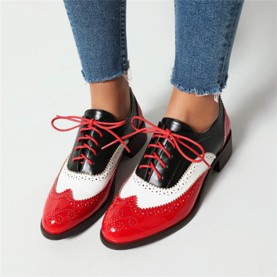 Black&Red Lace Up Wintip Oxford Loafers Flats Women's Comfort Shoes