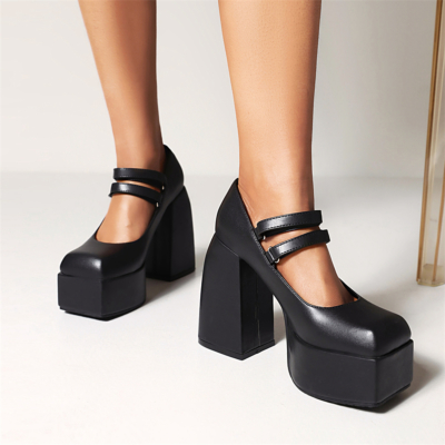 Zapatos negros con plataforma Mary Janes de tacón grueso con correas gemelas y punta cuadrada