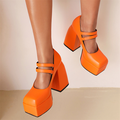 Zapatos con plataforma naranja Mary Janes tacón grueso correas gemelas punta cuadrada