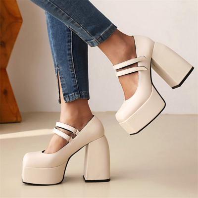 Zapatos blancos con plataforma Mary Janes de tacón grueso con correas gemelas y punta cuadrada