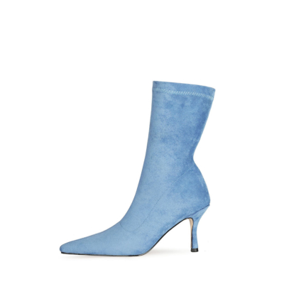 Botines de tacón de aguja con calcetín elástico de gamuza de moda azul Tacones con punta estrecha