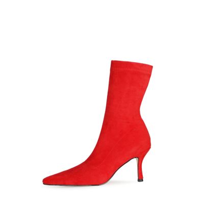 Botines de tacón de aguja con calcetín elástico de gamuza de moda roja Tacones con punta estrecha