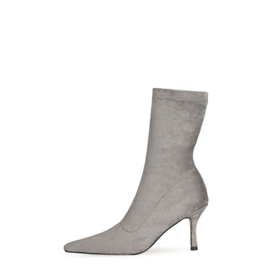 Botines de tacón de aguja con calcetín elástico de gamuza gris a la moda tacones puntiagudos