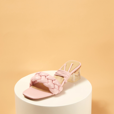 Sandalias acolchadas con punta cuadrada rosa Mula de tacón transparente