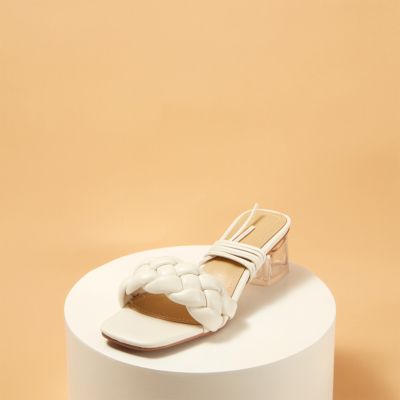 Sandalias acolchadas con punta cuadrada blanca Mula de tacón transparente