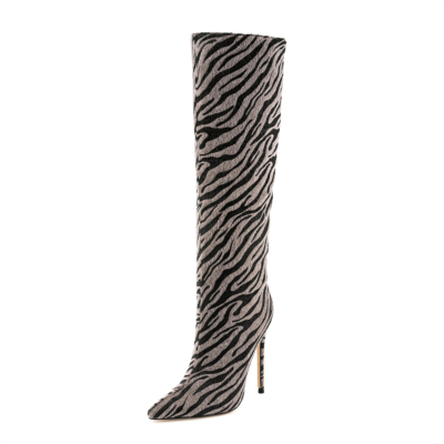 Botas de tacón de aguja con estampado de leopardo de piel sintética gris Botas altas hasta la rodilla sin cordones con purpurina