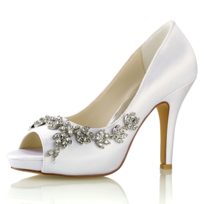 Zapatos de boda de punta abierta de satén blanco Bombas de plataforma de tacón de aguja de flores de diamantes de imitación