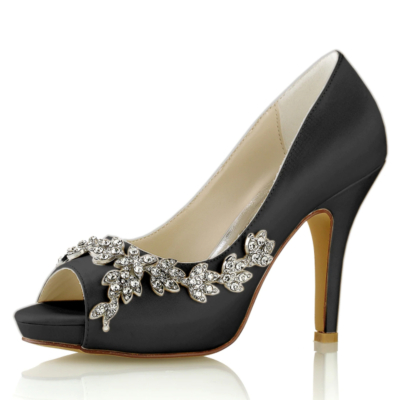 Zapatos de boda de punta abierta de satén negro Bombas de plataforma de tacón de aguja de flores de diamantes de imitación