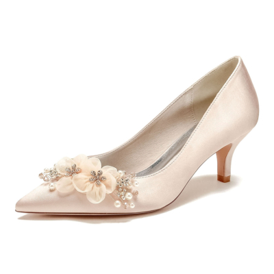Zapatos de boda de satén con tacones de gatito para dama de honor con flores de champán