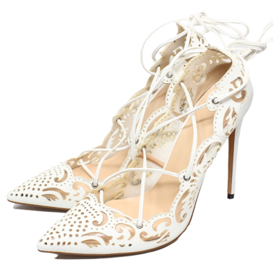Flor blanca ahueca hacia fuera con cordones tacones de aguja puntiagudos zapatos sexy