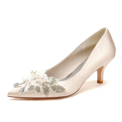 Zapatos de tacón con joyas y flores de champán, tacones de gatito, zapatos de boda de satén para damas de honor