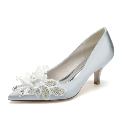 Zapatos de tacón con joyas de flores grises, tacones de gatito, zapatos de boda de satén para damas de honor