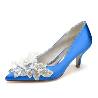 Zapatos de tacón con joyas y flores de color azul real, tacones de gatito, zapatos de boda de satén para damas de honor