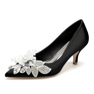 Zapatos de tacón con joyas de flores negras, tacones de gatito, zapatos de boda de satén para damas de honor