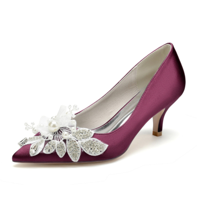 Zapatos de tacón con joyas de flores burdeos, tacones de gatito, zapatos de boda de satén para damas de honor