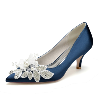 Zapatos de tacón con joyas y flores de color azul oscuro, tacones de gatito, zapatos de boda de satén para damas de honor