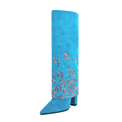 Botas plegables azules Botas altas hasta la rodilla con tacón de bloque de lentejuelas coloridas para fiesta