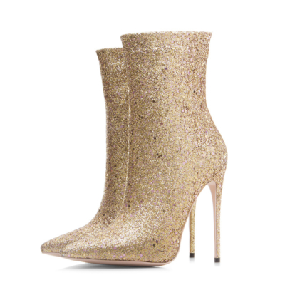 Golden Giltter Stiletto tacones altos calcetín botas estiramiento elástico vestido tobillo botines