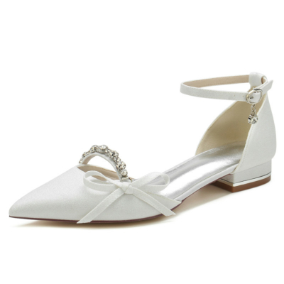 Zapatos planos con lazo de brillo blanco Lentejuelas Diamantes de imitación Zapatos planos con correa en el tobillo