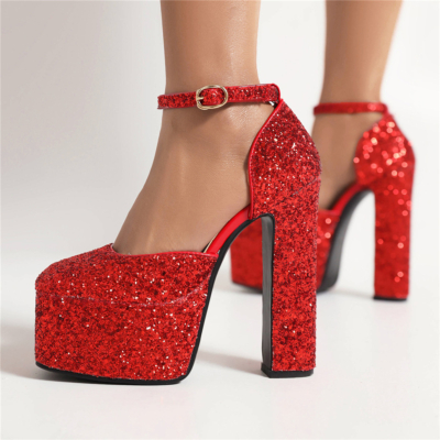 Zapatos de tacón D'orsay con purpurina roja, tacones de bloque con lentejuelas, vestidos con correa en el tobillo, zapatos