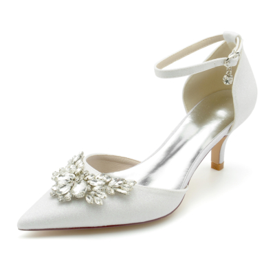 Zapatos de tacón de gatito con adornos de brillo blanco D'orsay con correa en el tobillo